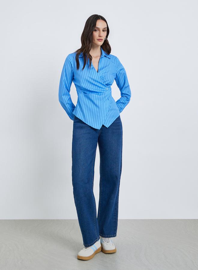 Styli Women Blue Striped Long Sleeve Wrap Top - Image 2